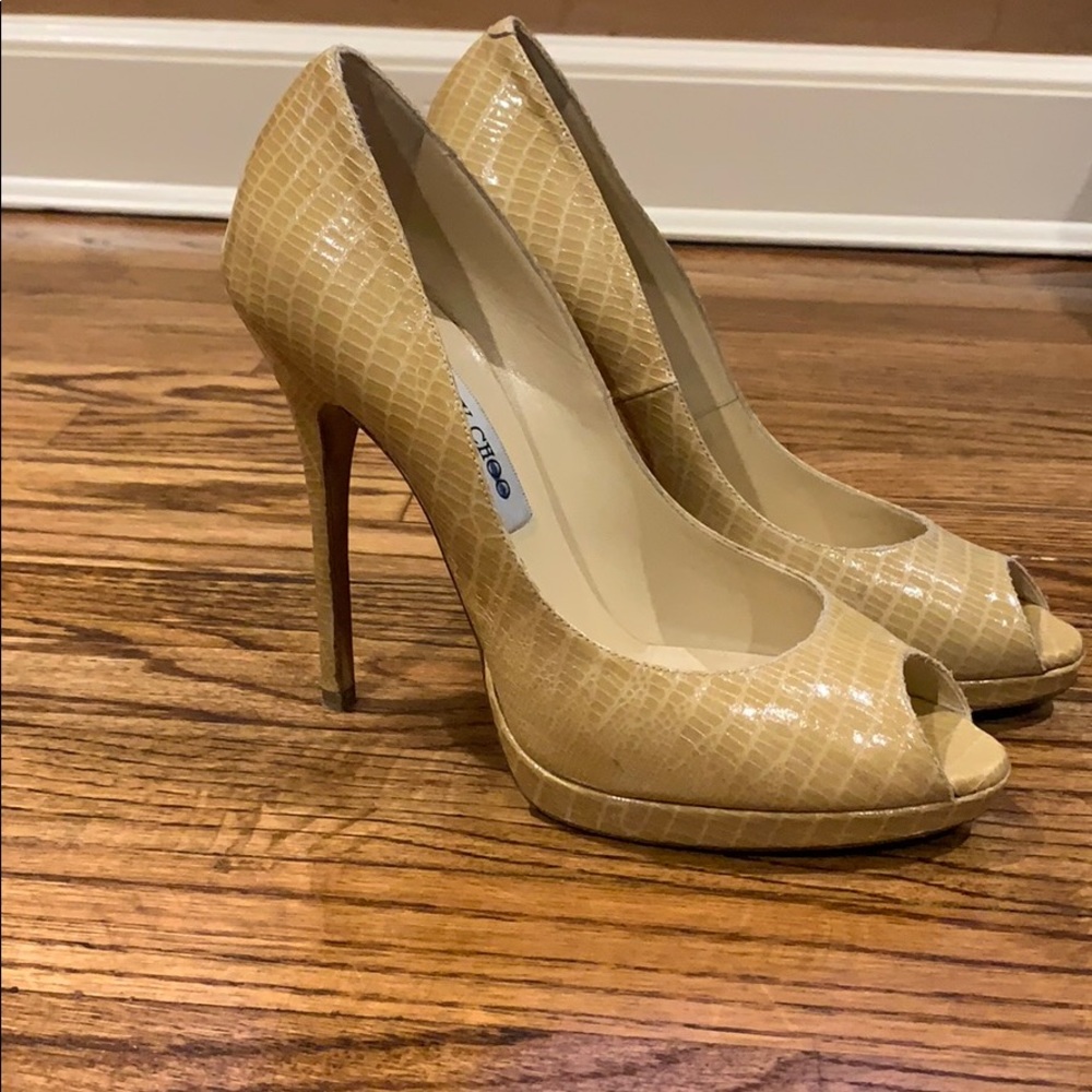 Jimmy Choo Snakeskin Nude Patent Peep Toe Pumps